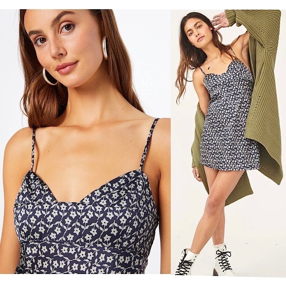 NWT FREE PEOPLE 90s Y2K Floral Satin Sleeveless Mini Dress Smocked Back Slip M